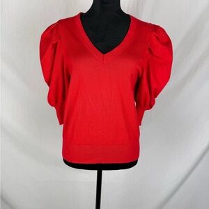 DKNY by Donna Karan Pleated Puffed Elbow Length Sleeve V-Neck Knit Top